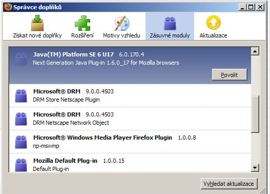 Firefox Nástroje Spravovat doplňky Rozšíření Java Console Povolit (na obrázku je nainstalováno více verzí, můžete si vždy zvolit tu nejvyšší) obr.