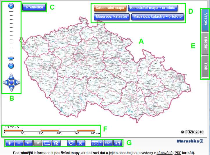 Rozložení mapového okna Mapové okno se skládá z těchto částí: Obrázek 2: Zvýraznění nemovitostí na mapě A Vlastní výřez mapy B Grafické