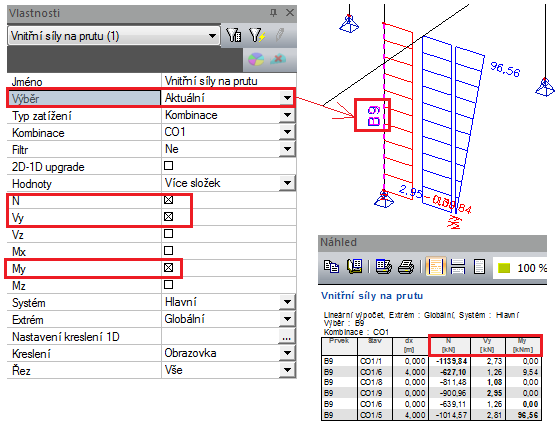 Pokud vybírám ze seznamu hodnot, vybraná hodnota platí pro vykreslení vnitřních sil v hlavním okně.