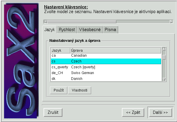 ( F $ o 7 Systém X Window Obrázek 74: SaX2: konfigurace klávesnice )- Stisknutím tlačítka o klávesy MN OP a MN OP a další znaky Význam tlačítka? 5 j,!