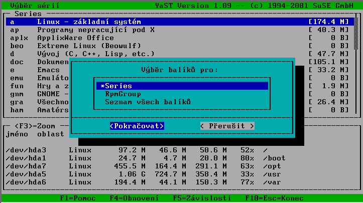 ? : h 2 Textově orientovaný instalátor YaST podrobný popis 243 Změna konfigurace Zvolením l 7m % 2 )%& Z-4 se vyvolá výběrový editor (viz obr 213), který vám umožní určit obsah instalace, resp