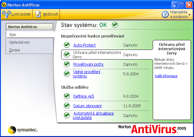 18 Začínáme Spuštění aplikace Norton AntiVirus Spuštění aplikace Norton AntiVirus Hlavní okno Ke všem funkcím aplikace lze získat přístup z hlavního okna.