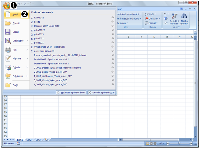 Cíl cvičení: naučit se vytvořit nový tabulkový sešit, naučit se ovládat MS Excel 2007.