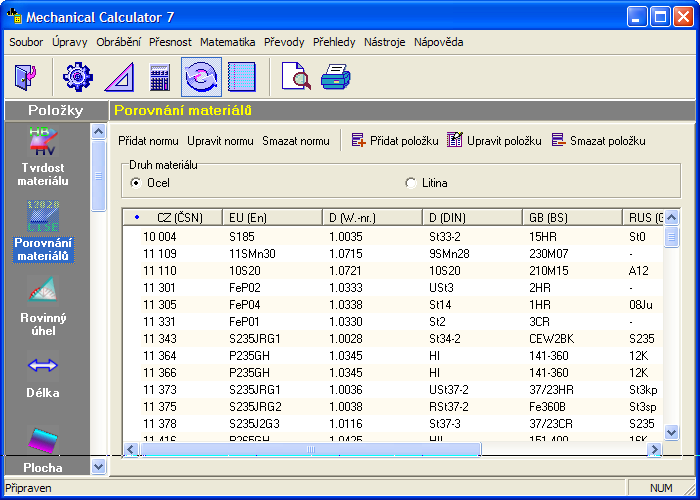 Materiály a stejně tak i jednotlivé normy lze přidávat, upravovat a mazat. Také je lze seřazovat dle vybrané normy.