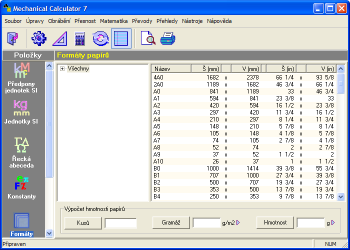 V části Výpočet hmotnosti papírů lze vypočítat: - počet kusů listů papíru - gramáž papíru - hmotnost papírů Výsledek se zobrazí v odpovídajícím poli po kliknutí na dané tlačítko tohoto pole.