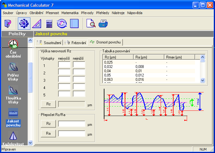 Drsnost povrchu Na této záložce lze vypočítat následující teoretické hodnoty: Výška nerovností Rz Do polí pro pět nejvyšších a pět nejnižších výstupků zadáte naměřené hodnoty a po kliknutí na