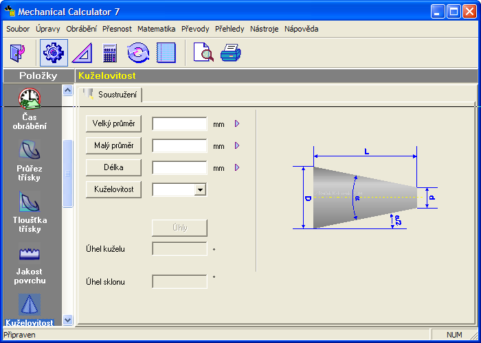 Kuželovitost pro soustružení V této položce lze vypočítat: - velký průměr kuželu - malý průměr kuželu - délku kuželu - kuželovitost - úhel kuželu - úhel sklonu Výsledek se zobrazí v odpovídajícím