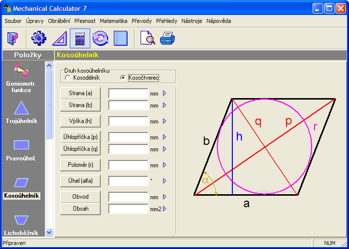 Úhel α Požadované údaje: strana a, strana b, obsah Požadované údaje: strana b, výška Požadované údaje: strana a, strana b, úhlopříčka p Požadované údaje: strana a, strana b, úhlopříčka q Obvod