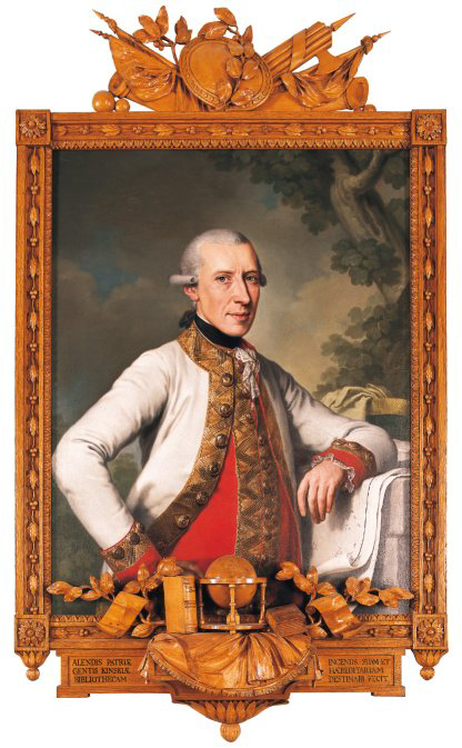 První ředitel knihovny František Josef Kinský (1739-1805), portrétní olejomalba, 1787. Autorem obrazu, umístěného nyní v barokním knihovním sále, je Josef Kreutzinger. Národní knihovna ČR, inv. č.