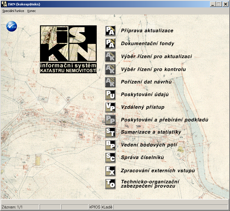 Kapitola 6. ISKN 6.1. Systém ISKN Obrázek 6.2: Hlavní menu aplikace ISKN. tvorbu přehledové mapy. Speciální funkce, které se týkají hromadné aktualizace, jsou speciálním příkladem záznamu.