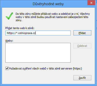 V dialogu Důvěryhodné weby zadejte adresu portálu