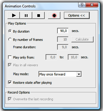 6.7. PŘEHRÁVÁNÍ ANIMACE Obrázek 13 Okno pro ovládání chodu animace Pokud zvolíme poslední, tedy třetí, tlačítko umístěné v základním okně toolbaru, otevře se nám okno pro ovládání chodu animace
