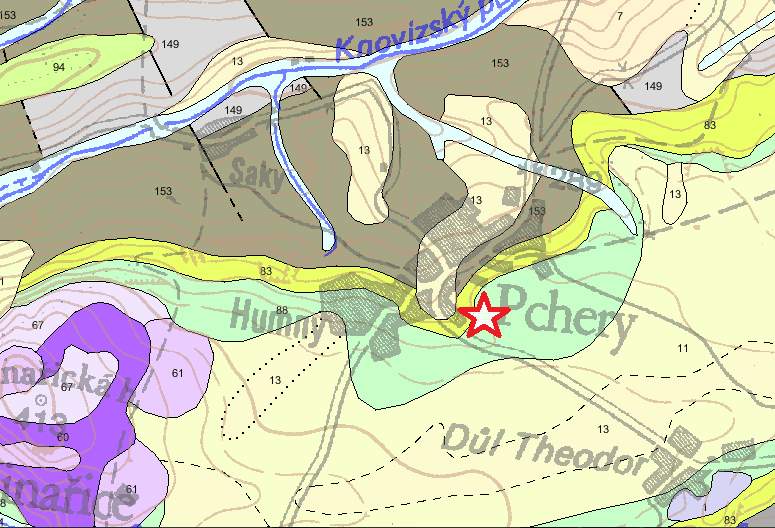 GEOLOGICKÁ MAPA SLEDOVANÉ OBLASTI MAPA 2 ZJEDNODUŠENÁ GEOMAPA ČGS 1 : 25 000 písčité slínovce až jílovce spongilitické, místy silicifikované (opuky Eratém: mezozoikum, Útvar: křída, Oddělení: křída