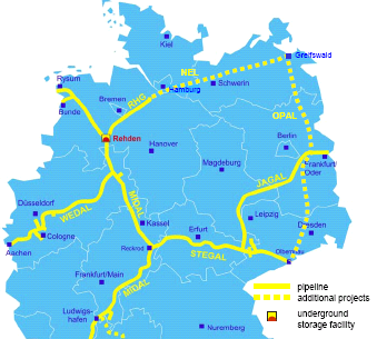 OPAL (Ostsee Pipeline Anbindungs-Leitung) NEL (Norddeutsche Erdgas Leitung) NEL Průměr: DN 1200 Délka: 370 km PN 100 bar Kapacita: 20 mld.