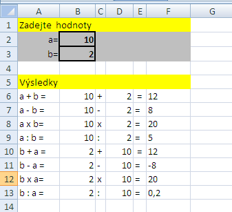 MS EXCEL 2010 ÚLOHY ÚLOHA Č.1 Vytvořte tabulku podle obrázku, která bude provádět základní matematické operace se dvěma zadanými čísly a a b. Do buněk B2 a B3 očekávám zadání hodnot.