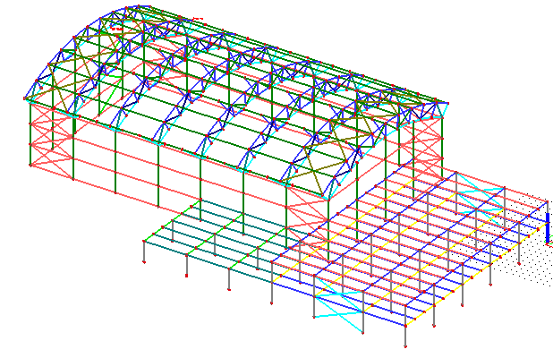 tatický výpočet CIA 1 Geometrický výpočtový model Geometrický výpočtový model Jedná se o ocelovou halu obdélníkového tvaru s obloukovou střechou s rozměry 49,0 m x 28,0 m a se zázemím ve tvaru