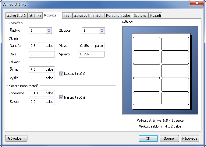 20 BarTender Začínáme 5. Klepněte na kartu Rozvržení a zadejte velikost okrajů stránky a počet řádků a sloupců.