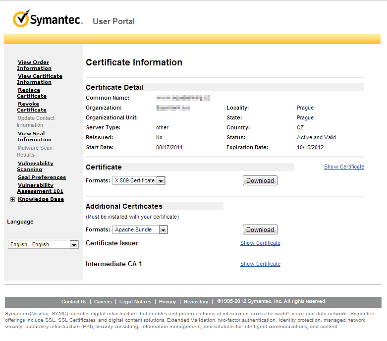 Možnosti dostupné v End User Portálu V rozhraní End User Portálu lze zobrazit informace o certifikátu, stáhnout jej spolu s Intermediate certifikáty nutnými