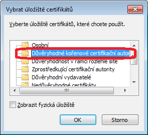 4. Zvolíme Všechny certifikáty umístit v následujícím úložišti a vybereme Procházet.