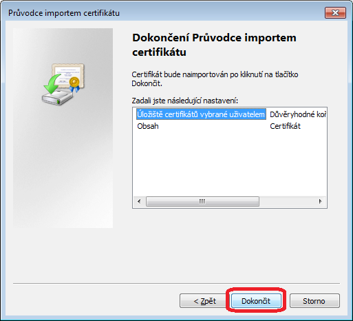 6. Po potvrzení se vrátíme na původní okno, nyní již s vyplněným úložištěm certifikátů, a dáme další. 7.