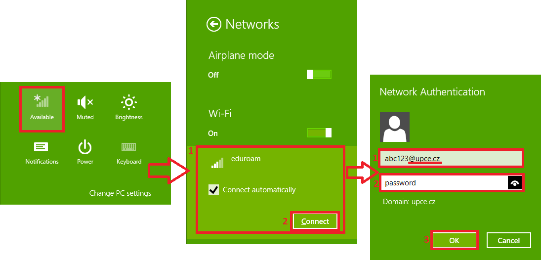 7. Stiskneme klávesovou zkratku WinKey+I, ve zobrazené liště klikneme na ikonku Dostupné (Available), vybereme síť eduroam a klikneme na tlačítko připojit (Connect).