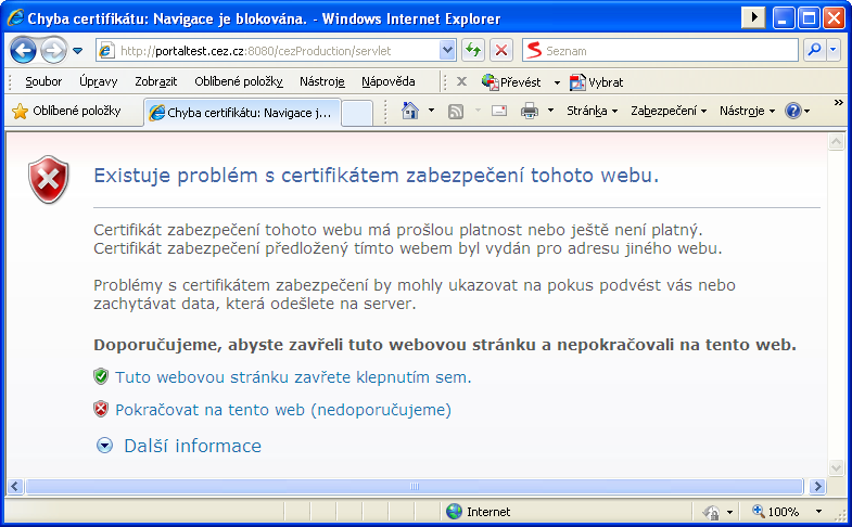 Obrázek 4.4.2-1: Informace o problému s certifikátem.