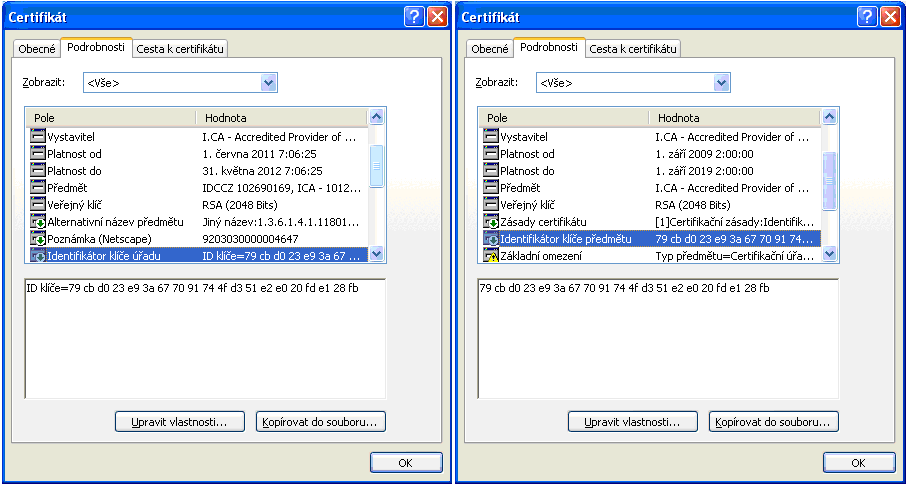 podřízeného certifikátu v položce Identifikátor klíče úřadu a u nadřízeného certifikátu v položce Identifikátor klíče předmětu. Obrázek 4.5.