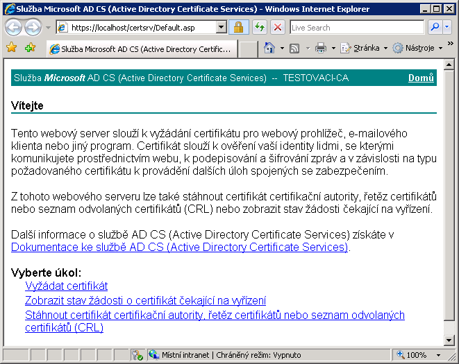 Tento požadavek je potřeba načíst pomocí správce certifikační autority volbou Akce Všechny úkoly Odeslat nový požadavek.