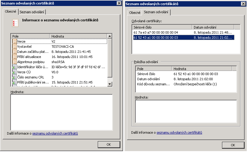 Obrázek 6.3.3-1: Vygenerovaný seznam odvolaných certifikátů.