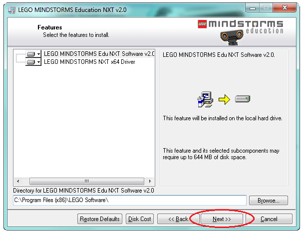 tak určitě nechte druhou položku LEGO MINDSTORMS NXT x64 Driver zatrhnutou, aby se nainstalovala, jinak by vám pak program nefungoval.