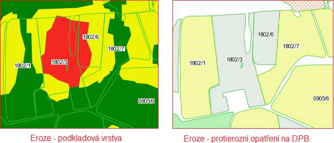 Obrázek 5 Vrstvy Eroze v uživatelském stromě a legenda k erozi Na obrázku 6 je ukázka podkladové vrstvy erozní ohroženosti a vrstvy protierozního opatření na DPB. Obrázek 6 Eroze v mapě 4.2.