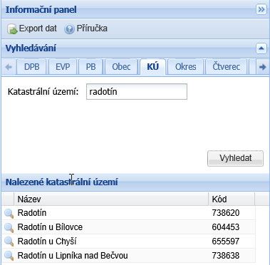 Obrázek 21 Vyhledávání katastrálního území 4.5.6 Okres Zadejte název okresu a stiskněte tlačítko Vyhledat.