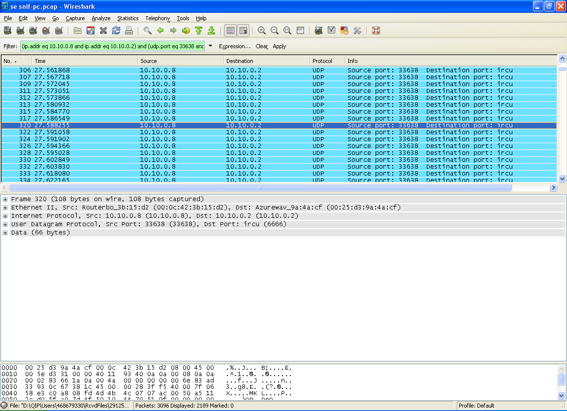 Obr. 4. představuje sledování trafficu na IP adrese 192.168.5.253 a posílání dat na IP adresu 10.10.0.2, kde je zapnut Wireshark. Obr. 4. Nastavení položky action sniff-pc Při testování nastavení sniff-pc bylo patrné, pokud je nastavena IP adresa Mikrotiku, data se ukládají přímo na Mikrotik do zvolené složky.