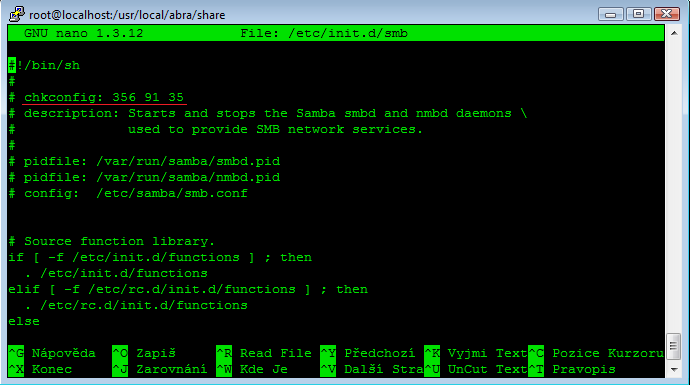 INSTALACE 6 Poté zavedeme démona smb do patřičných úrovní pomocí chkconfig: $ chkconfig --add smb $ chkconfig --level 356 smb on Zařazení mezi službami ověříme: $ chkconfig --list grep -i smb