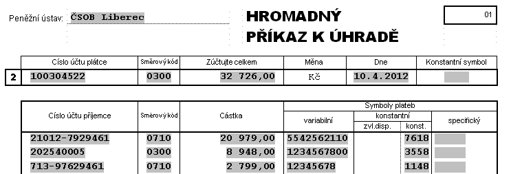 3 Přehled bankovních spojení a symbolů u jednotlivých institucí (pro Liberec) Bankovní spojení Variabilní symbol Konstantní symbol OSSZ 21012-7929461/0710 číslo přidělené firmě 7618 OSSZ VZP