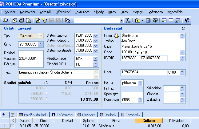 Účetní systémy na PC Ostatní závazky Ostatní pohledávky je agenda programu Pohoda, do které zapisujeme pohledávky, které nevyplývají z fakturace (platby zdravotního a soc.