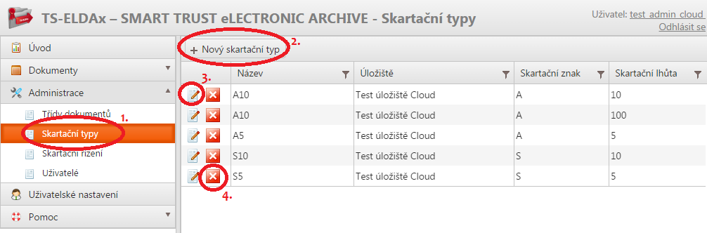 Obrázek 15: Skartační typy 7.1.1 NOVÝ SKARTAČNÍ TYP Zadání nového skartačního typu probíhá stisknutím tlačítka Nový skartační typ v menu Administrace Skartační typy (viz. Obrázek 15, bod 2.).