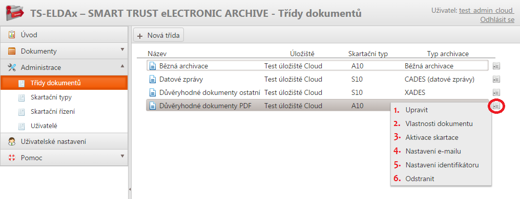 7.2.2 EDITACE TŘÍDY Pro změnu třídy je nutné stisknout na vybrané třídě ikonku pro administraci. Systém zobrazí nabídkové menu (viz. Obrázek 21).