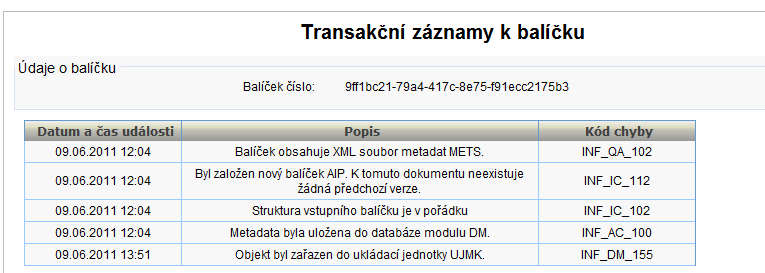 obr. 5. Historie příjmu balíčku Pokud dojde v průběhu příjmu ke zjištění nějakého problému, zobrazí se tento stav rovněţ v historii (viz obr. 6). obr. 6. Historie příjmu balíčku - chyba 4.1.1.3.