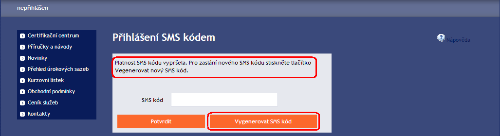 B. Přihlášení prostřednictvím SMS kódu Pro přihlášení prostřednictvím SMS kódu klikněte na záložku Přihlášení SMS kódem zobrazí se pole pro zadání Uživatelského jména do IB a Přístupového hesla do IB.