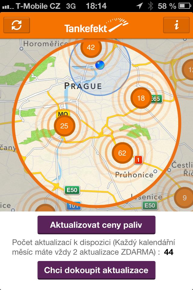 Aktualizace cen probíhá v okruhu 10 km od současné pozice nebo zvoleného místa kdekoli v ČR Aktualizace cen pohonných hmot na čerpacích stanicích ve zvoleném okruhu Ceny lze aktualizovat v okruhu