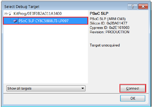 5. Připojte PSoC 5LP Prototyping Kit k PC pomocí KitProg DPS USB portu, J0 je popsán v PSoC 5LP Prototyping Kit USB Connection pro programování kitu s touto ukázkou kódu. 6.