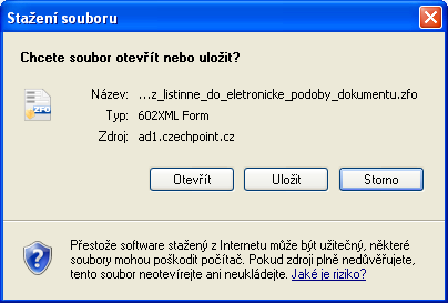 V následujícím dialogu potvrdíme volbu Otevřít. 5.2 Konverze listin do elektronické podoby Převezmeme od žadatele listiny; naším prvním úkolem úkolem bude posouzení jejich vzhledu.