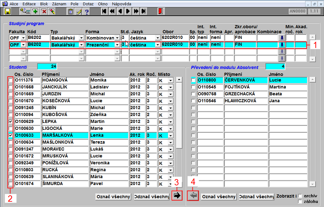 Převedení studentů do modulu Absolvent 1.