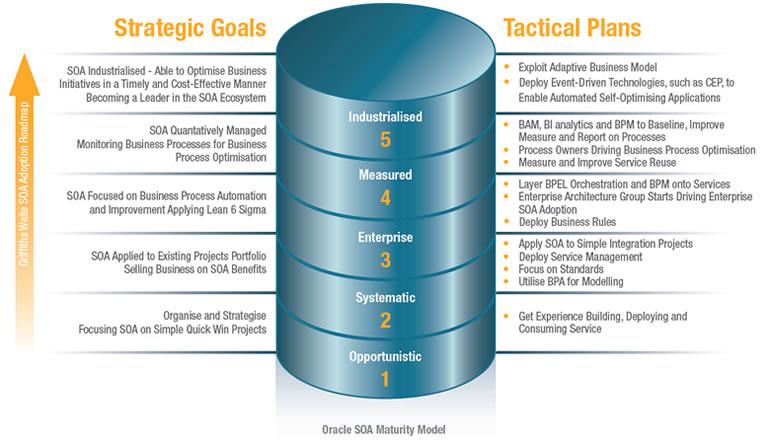 Obrázek 3 Oracle SOA Maturity model, zdroj: (Griffiths Waite, The Oracle SOA Company 2008) Na modelu společnosti Oracle je více znatelný důraz na BPM (Business Process Modelling),