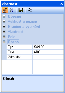 Obsah Obsahy jednotlivých prvků. Text Zdroj dat - Textový obsah prvku. - Pouze pro textové pole a čárový kód.