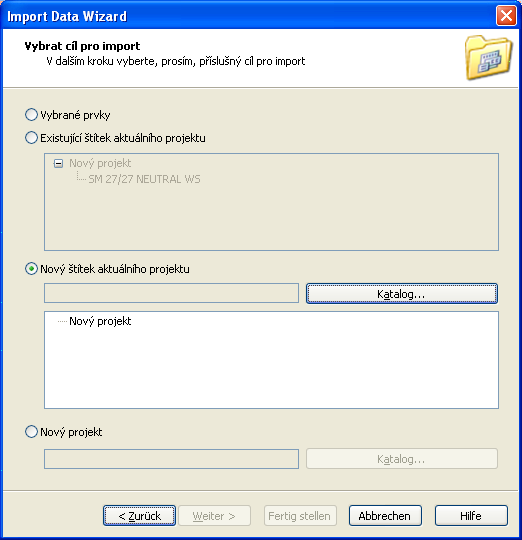 Krok 3: Výběr projektu a varianty V tomto kroku vyberte projekt, resp. typ štítku, s nímž má být import proveden.