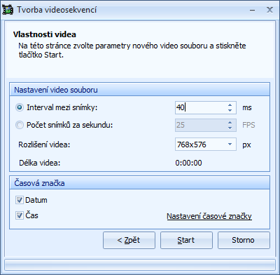 Moduly Interval mezi snímky - tato volba umožňuje nastavit časovou prodlevu mezi snímky. Tato možnost je užitečná například, pokud chcete mít kontrolu nad rychlostí promítaného děje oproti realitě.