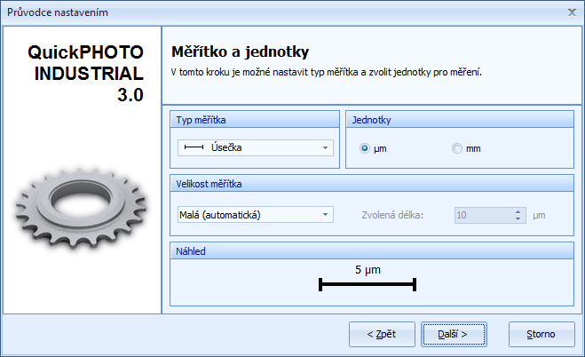 Základní nastavení programu Výchozí nastavení měřených veličin Další strana průvodce slouží k výběru veličin, které budou měřeny jednotlivými měřícími nástroji (délka, průměr, poloměr, obvod, plocha,