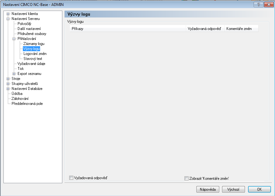 Nastavení NC-Base 185 6.2.4.2 Výzvy logu Tato sekce obsahuje seznam Výzev logu. V dialogu můžete zapnout/vypnout jednotlivé Výzvy logu.